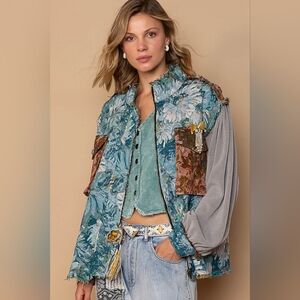 POL Blue Multi Floral Tapestry Jacquard Shacket Corduroy Sleeve Zip Jacket NEW
